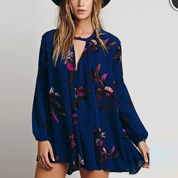 FREE PEOPLE ELECTRIC ORCHARD BLUE BOHEMIAN VIBES LONG SLEEVE MINI TUNIC DRESS - Picture 1 of 16